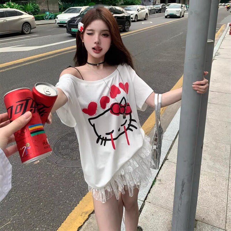 American-Style Spicy Girl Cartoon Kit Cat Print Off-Shoulder Short-Sleeve T-Shirt for Women, Summer Loose Design, Niche Slanted Shoulder Top