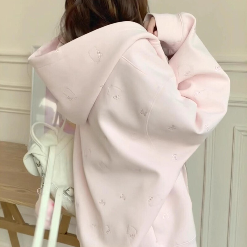 Kitty Cat Embroidered Pink Casual Fleece Sweatshirt Women's Cardigan Autumn and Winter Korean Style Loose Lazy Style Hooded Jacket