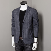 Linen suit mens autumn thin retro old linen striped mens casual small suit jacket top Ruffian handsome