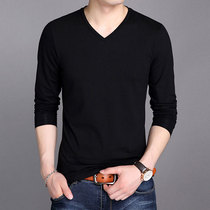 Long-sleeved T-shirt mens V-neck spring thin Korean slim fit cotton pure white bottoming shirt mens tight T-shirt