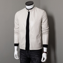 Leather mens slim Korean version handsome spring thin youth fashion trend white stand-up collar motorcycle leather jacket jacket