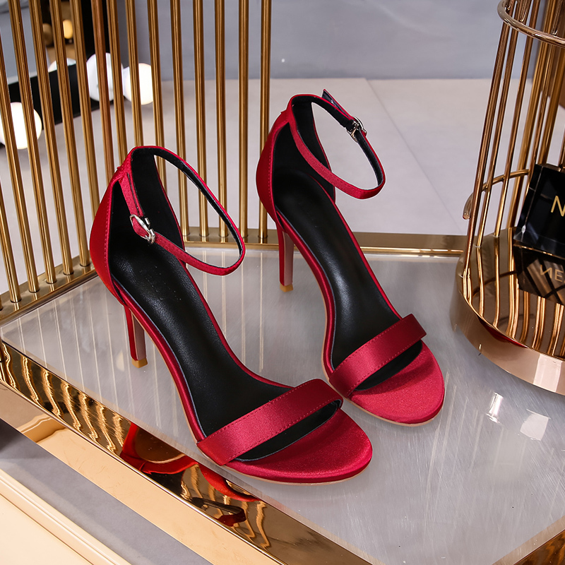 New Style Burgundy Satin Simple One-Strap High-Heeled Sandals for Women, Fairy Style Stiletto Heel, Thin Strap, Black Open-Toe Roman Shoes New Style Burgundy Satin Simple One-Strap High-Heeled Sandals for Women, Fairy Style Stiletto Heel, Thin Strap, Black Open-Toe Roman Shoes