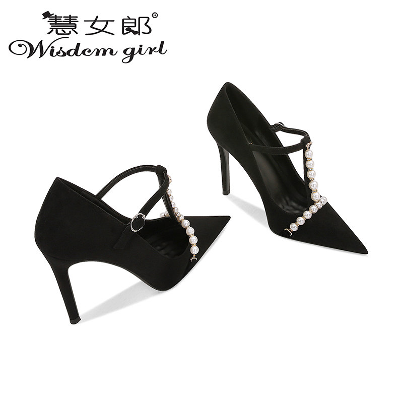 2025 new pointed black suede thong with pearl French design, niche high-heeled daily women's single shoes