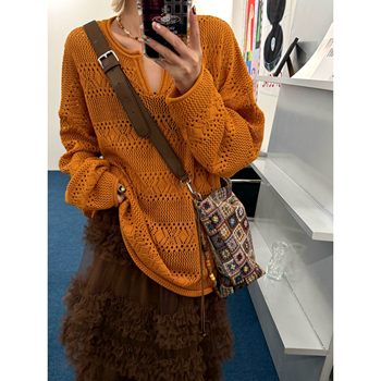 Hellotango<autumn film>autumn and winter retro woven hollow small v-neck slim pullover sweater 8323#