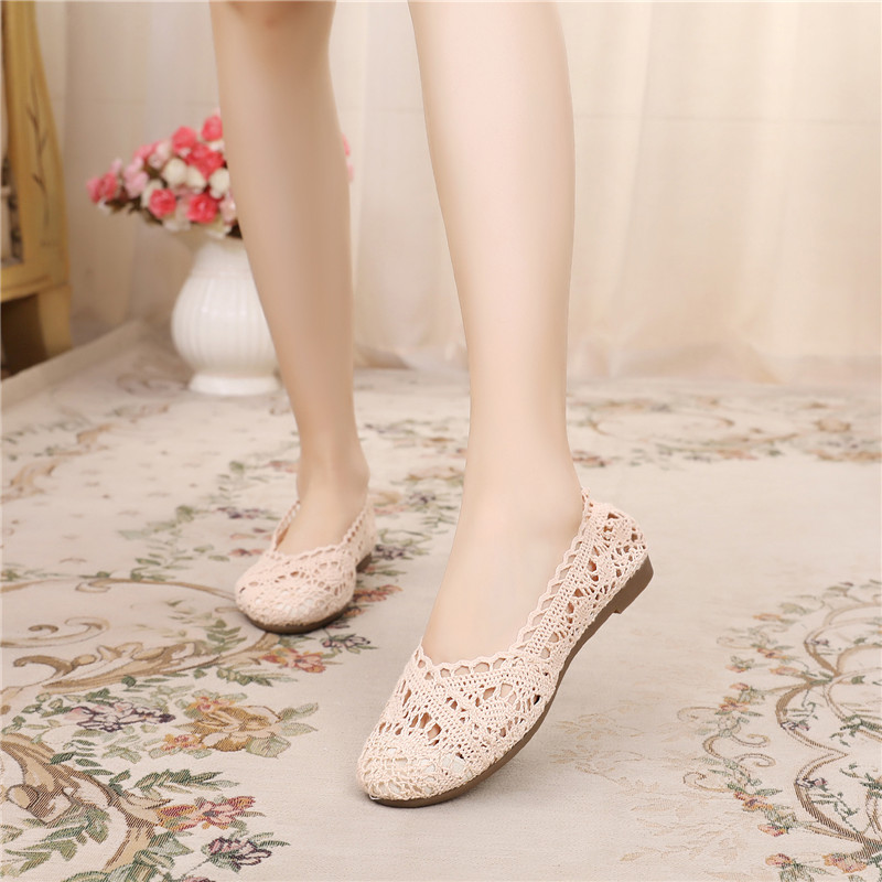 Summer Old Beijing Cloth Shoes Women's Shoes Hollowed-out Single Shoes Flat-bottomed Lace Casual Shoes Soft Bottom Egg Roll Shoes 100 Hitch Bean Shoes