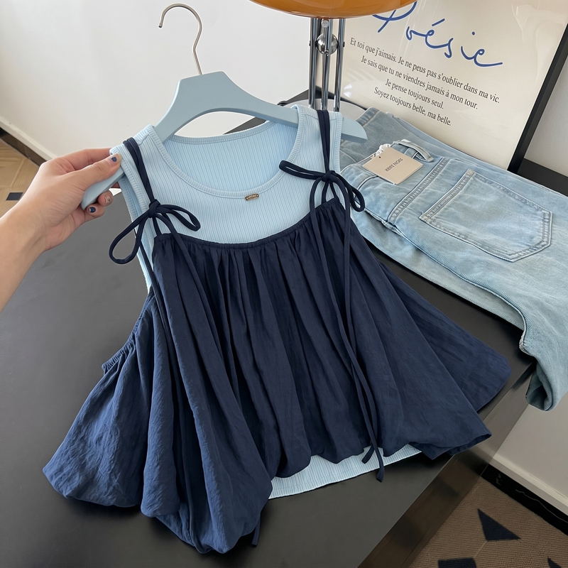 Korean-Style Design Round-Neck Layered Two-Piece Top for Women, New Summer Style, Slim Fit, High-End Sleeveless Blouse