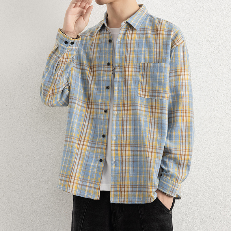 Men's Korean-Style Loose Plaid Shirt, Spring and Autumn Long-Sleeve, Loose Fit, ins Cool Plaid, Japanese Casual, Versatile