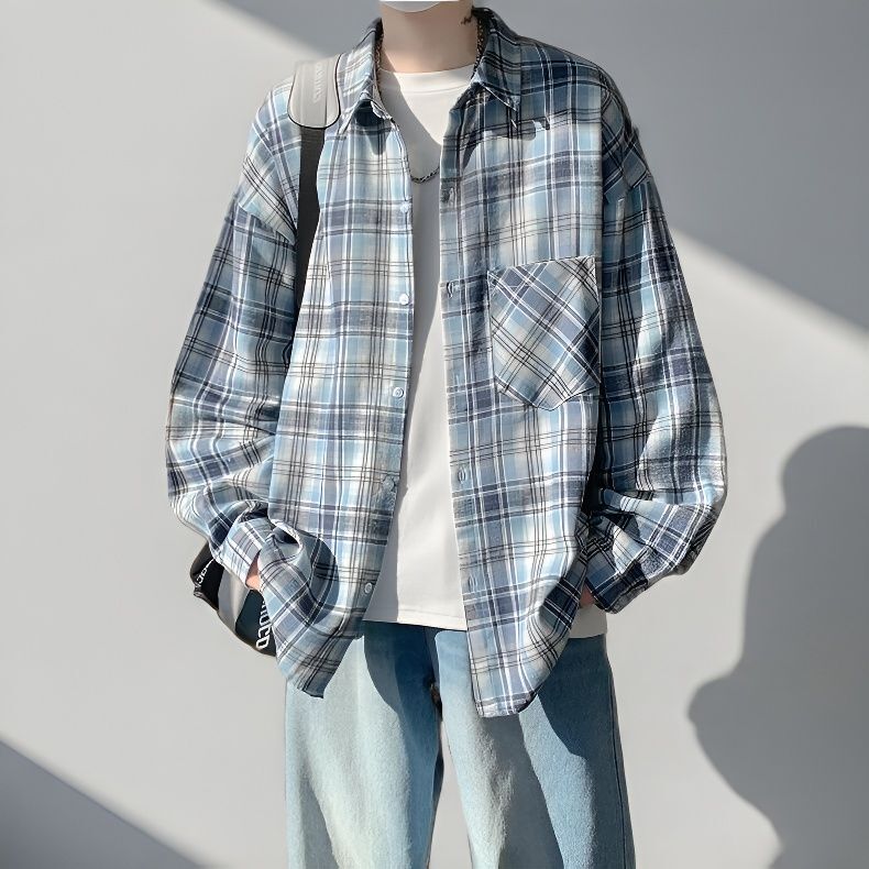 Spring and Autumn Casual Style Plaid Shirt for Men, Long-Sleeved, Loose-Fitting, Turn-Down Collar, Trendy Brand Design, Versatile Drop-Shoulder Sleeve Top, Cardigan