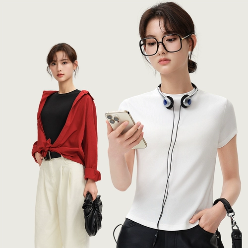 Хлопковая приятная телу модная футболка с коротким рукавом, 2024 года, облегающий крой