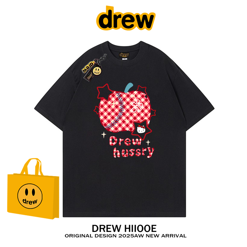 Drew American Trendy Brand Apple Star Kitty Short-Sleeved T-Shirt for Men and Women, Summer Loose and Versatile Couple Pure Cotton Top
