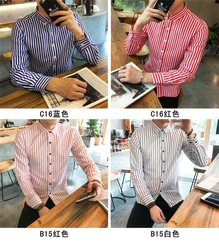 . Thời trang tuổi teen áo sơ mi sọc dài Slim phiên bản Hàn Quốc của áo sơ mi chạm đáy nam sinh viên trắng