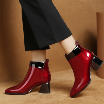 Short boots female autumn and winter 2021 new coarse heel leather shoes knight boots high and bright leather female boots wine red