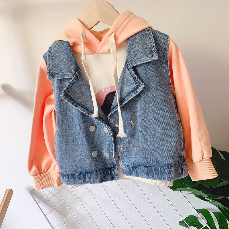 Quần áo trẻ em hàn quốc 2020 mùa xuân và mùa thu trẻ em áo vest denim cô gái áo ghi lê hai bên ngực áo ghi lê bông cũng dễ thương - Áo ghi lê