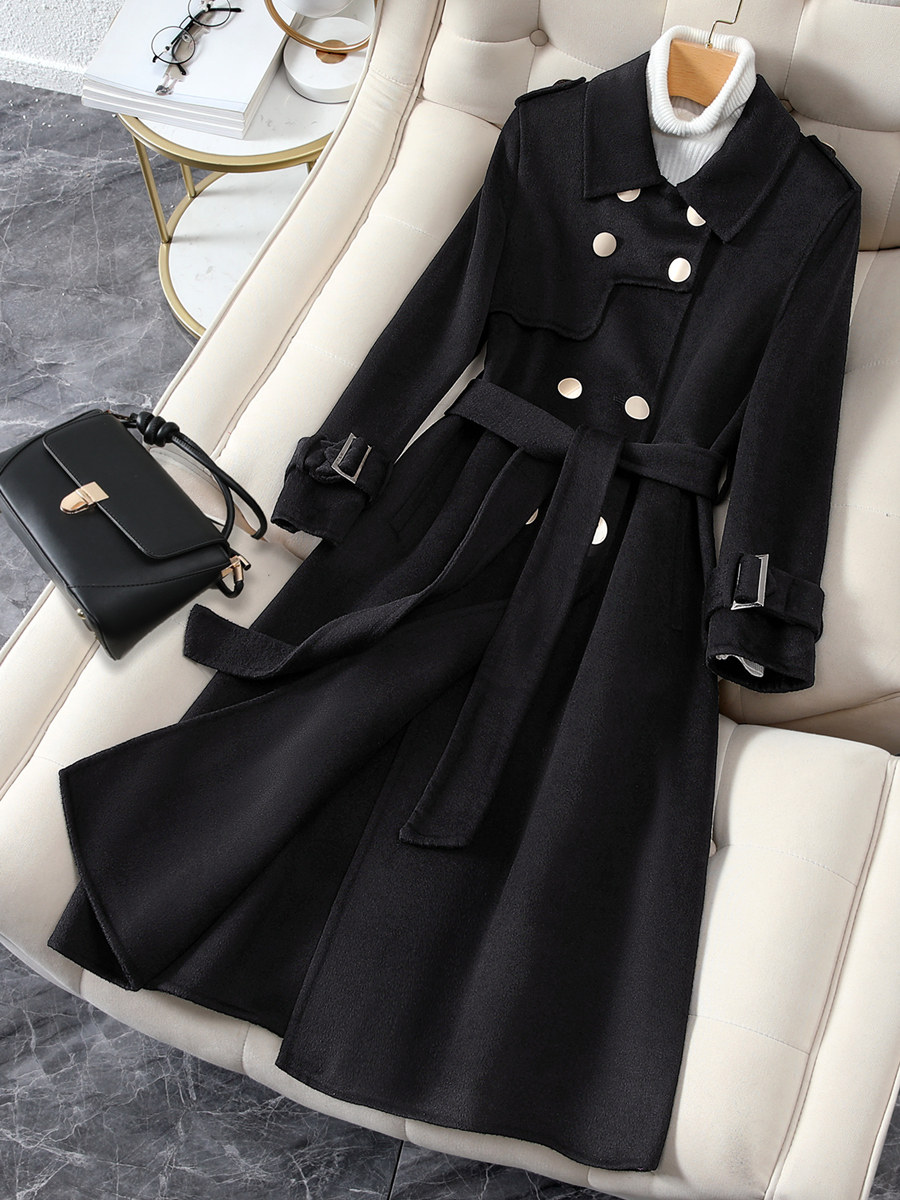 Australian wool double-sided cashmere coat women's high-end 100 pure wool mid-length woolen coat with waist and temperament epaulettes