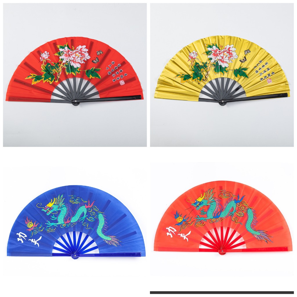 One foot new plastic Kung Fu fan color dragon dragon phoenix peony fan ring fan martial arts dance performance fan portable Tai Chi fan