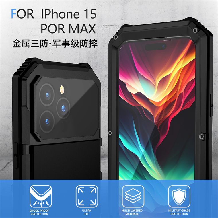 Metal Tough Shockproof 3 Layer Drop Resistant 360 Full Protection Kickstand Function High End Premium 15, 15 Plus, 15 Pro, 15