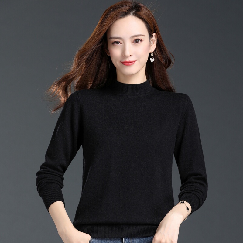 Ordos City Women's 2026 New Spring Long Sleeve Sweater Mid-High Collar Loose Versatile Wool Base Shirt