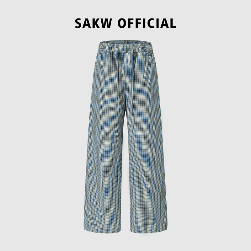 Sakw Official American Retro New Style Plaid Linen Blend Casual Lazy Relaxed Wide-Leg Pants Sakw Official American Retro New Style Plaid Linen Blend Casual Lazy Relaxed Wide-Leg Pants