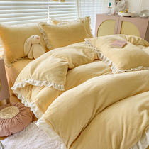 Winter Cartoon Milk Suede Bed Four Pieces Thickened Coral Flannel Quilt Cover Bifacial Plus Suede Sheet Three Sets