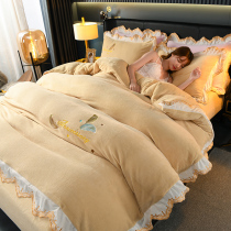 Winter Thickened warm milk suede Four pieces of double sided Falein embroidery Winter Coral Fleece bed Ogasawara Bed Goods