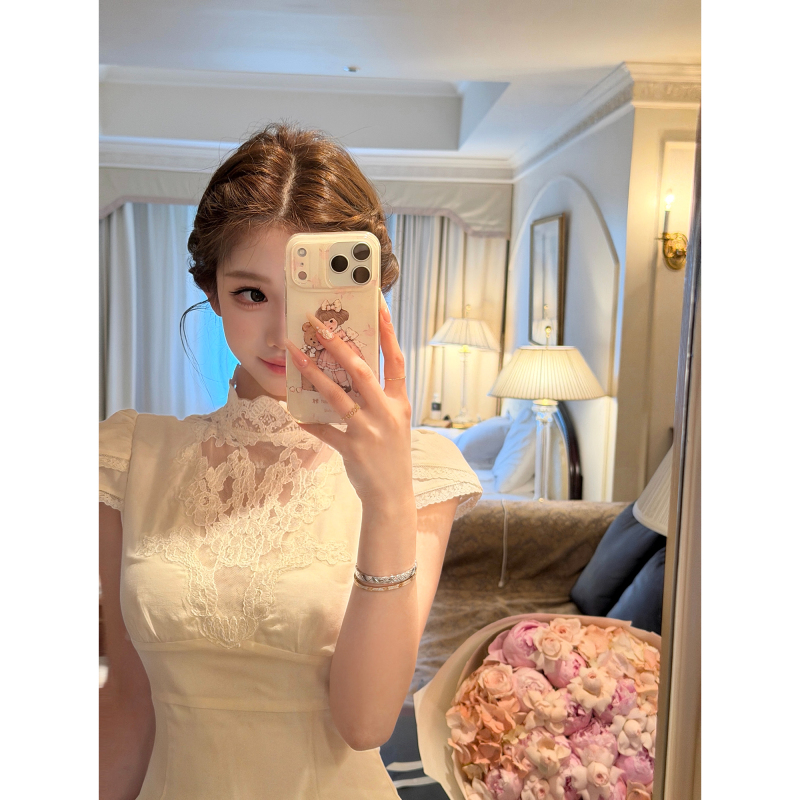 Jmshop Luofu Collection Lace Stand Collar Puff Sleeve Waist-Cinching A-Line Skirt Women's Lyocell Cotton Linen Shirt Top Jmshop Luofu Collection Lace Stand Collar Puff Sleeve Waist-Cinching A-Line Skirt Women's Lyocell Cotton Linen Shirt Top