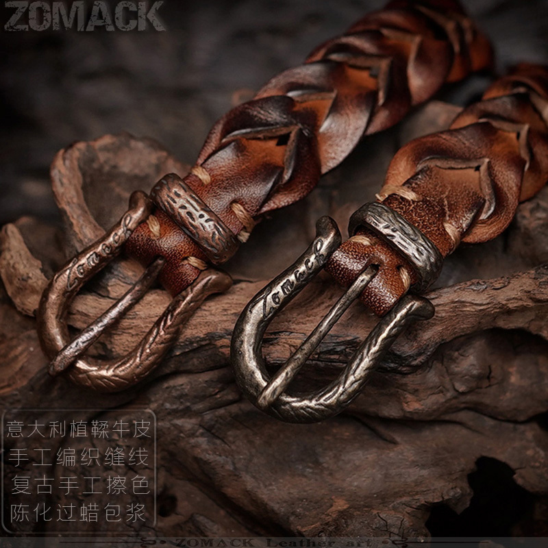 Vintage Cowhide Bracelet ins Niche Handmade Woven Genuine Leather Couple Bracelet for Men and Women, Pure Copper Hand-Rubbed Color