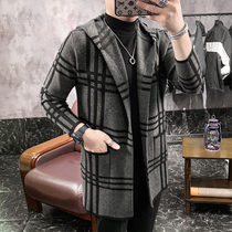 New Knitted Sweater Mens Cardigan Hooded Long Trench Fashion Jacket Shopkeeper Style Mens Sweater