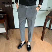 OECANA spring and summer mens pants Korean version of the trend business leisure nine-point suit pants embroidered slim foot pants