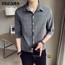 OECANA2021 summer new mid-sleeve shirt Korean slim plaid shirt mens seven-point sleeve casual shirt men