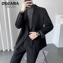 OECANA mens wide version loose casual suit suit ins light mature wind British solid color small suit two-piece suit