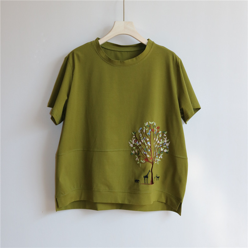 Summer Cotton Embroidered Short-Sleeve T-Shirt for Middle-Aged and Elderly Women, Plus Size for Overweight Mothers, 50-Year-Old Half-Sleeve Top