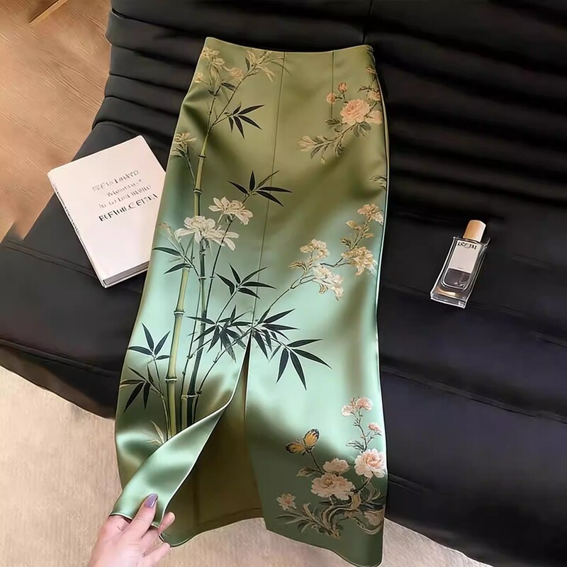 2026 Spring/Summer Trendy New Chinese Style Green Jacquard Acetate Satin High-Waisted Mid-Length Skirt for Women