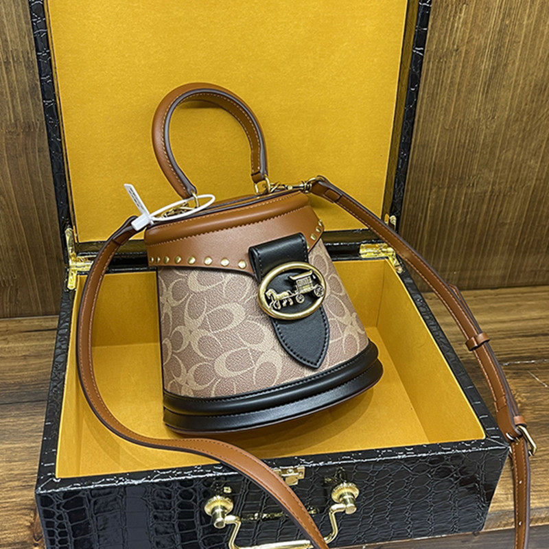 Hong Kong light luxury horse-drawn carriage leather ladies hand-held bucket bag new horseshoe bag one-shoulder messenger small bag chest bag