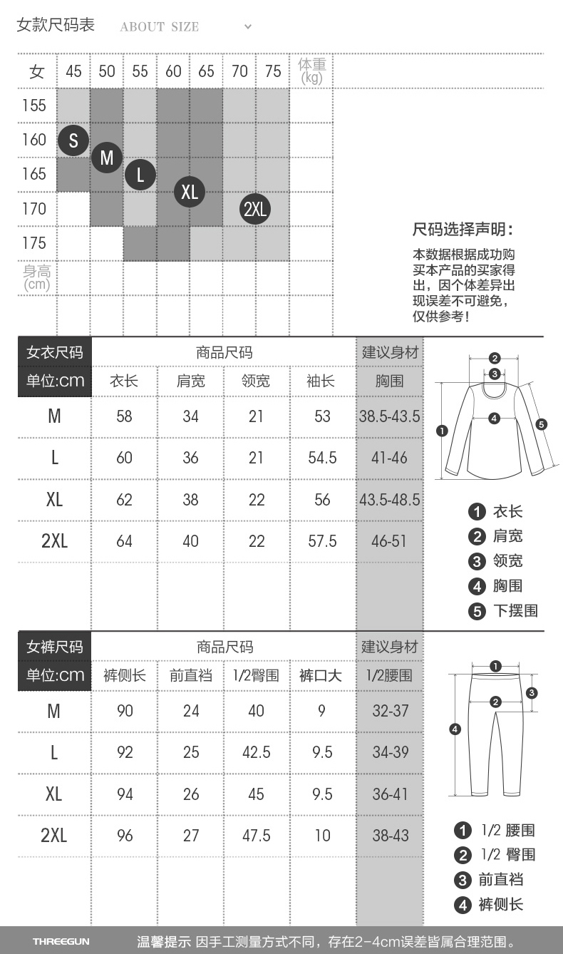 三枪 男女款 100%精梳纯棉 秋衣套装 图5