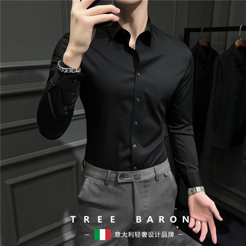 2026 High-End Short-Sleeved Ice Silk Seamless Shirt Men's Business Casual Long-Sleeved Shirt Black Slim Fit No-Iron