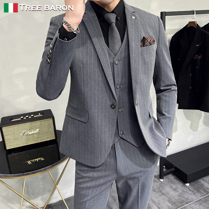 2026 Spring Men's Suit Korean Style Business Professional Suit Three-Piece Gray Striped Groom Wedding Suit