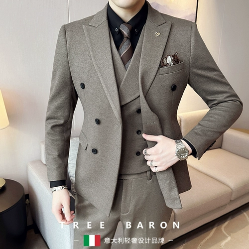 Демисезонный шерстяной классический костюм, модное свадебное платье, комплект, увеличенная толщина, 3 предмета