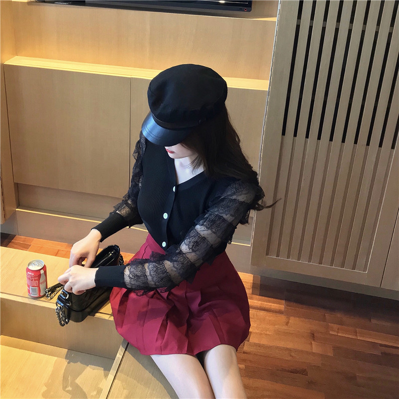 VK旗艦店 韓國風V領蕾絲針織衫薄款拼接長袖上衣