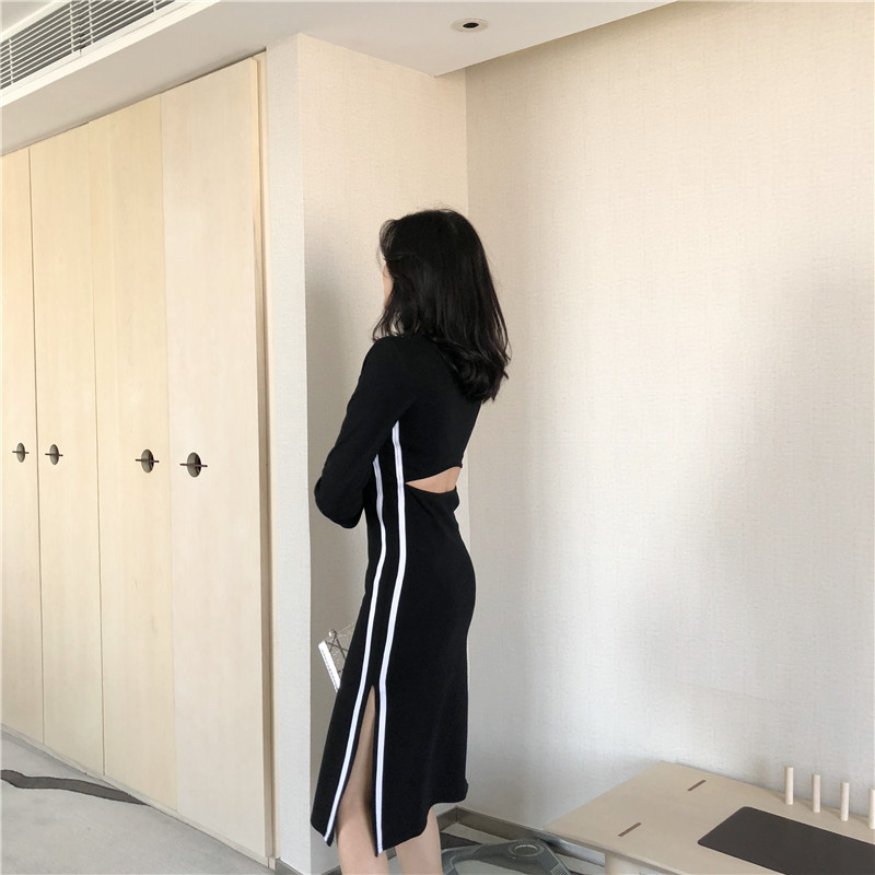 VK旗艦店 韓國風彈力針織露背運動風長袖洋裝