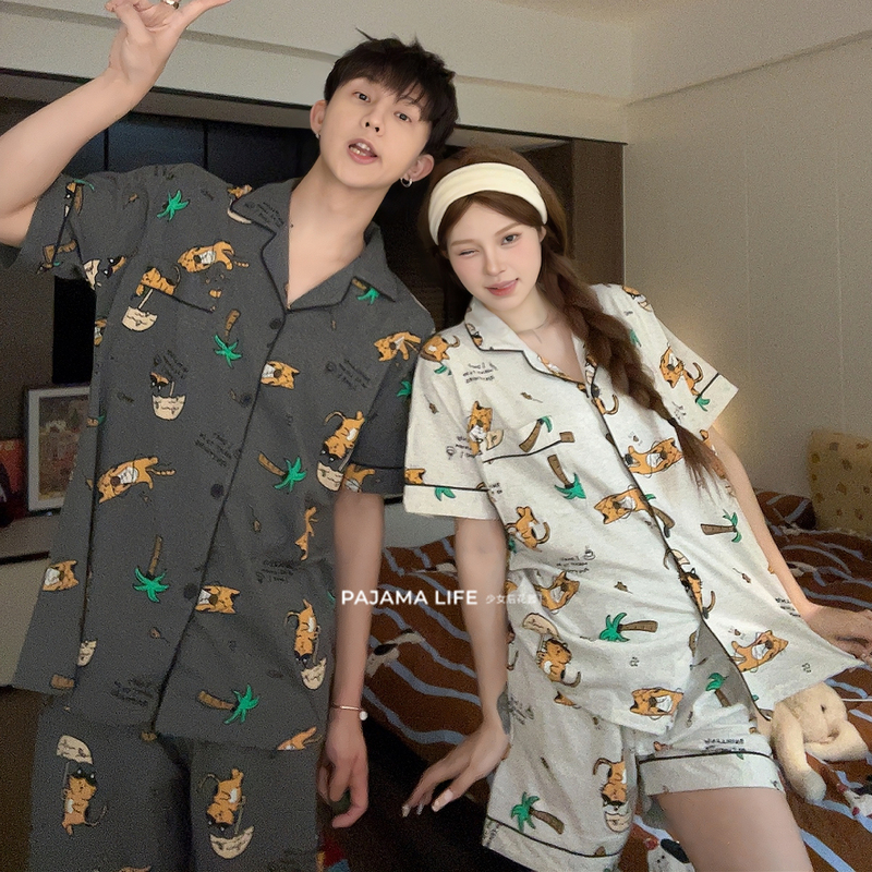 Korean Style Cartoon Tiger Print Couple Pajamas Women's Summer Pure Cotton Short-Sleeved Shorts Men's Home Wear Set