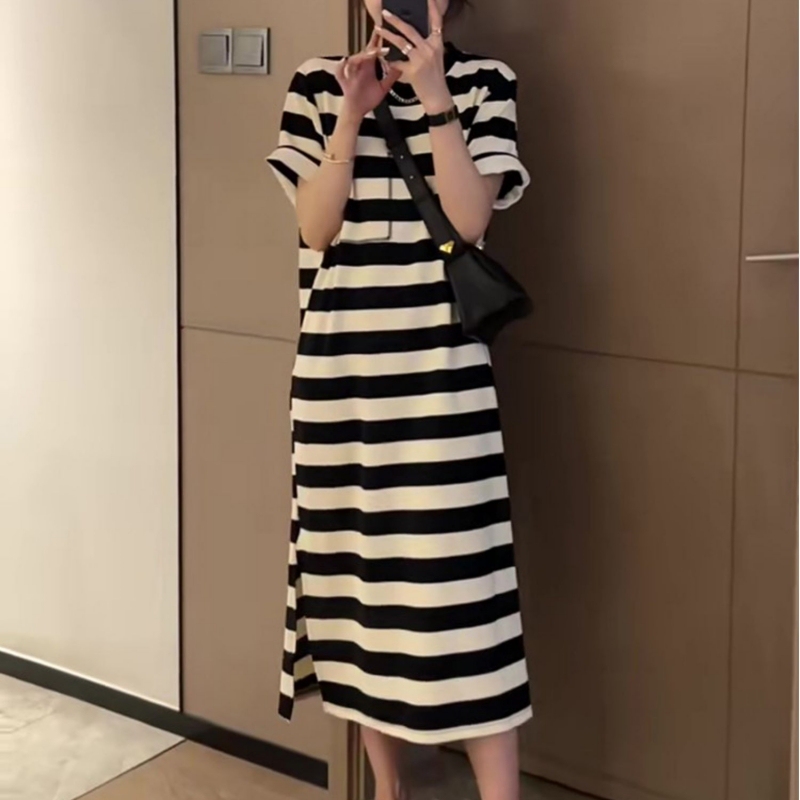 Color-Block Striped Short-Sleeve Dress for Women, Summer Loose Casual Lazy Style, Plus Size Slimming Long T-Shirt Dress