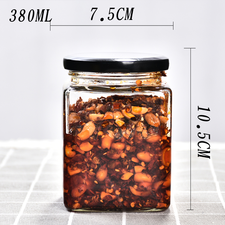 380Ml Square (Full Of 60 Ordinary Packages) & Pressure Sensitive Pad + Sticker + Heat Shrinkablesquare food Sealed tank Glass transparent With cover soy sauce pickles Sufu Honey beef chili patse empty bottle trumpet
