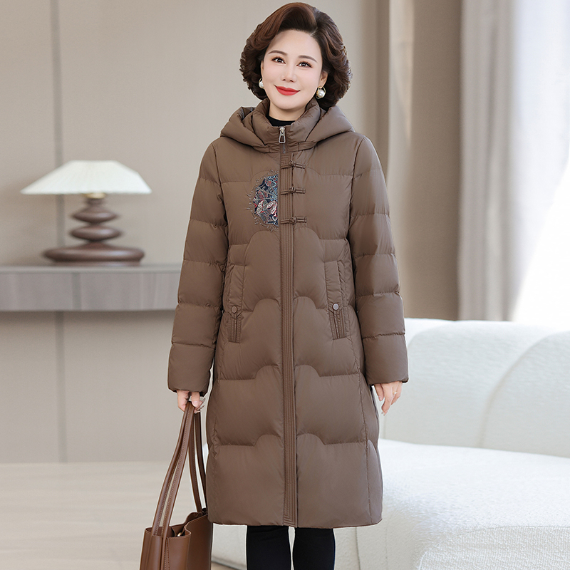 White Goose down Mother's down Jacket, Mid-Length, New Winter Style, Thickened and Warm, Large Size, Long Over-The-Knee Coat for Middle-Aged and Elderly White Goose down Mother's down Jacket, Mid-Length, New Winter Style, Thickened and Warm, Large Size, Long Over-The-Knee Coat for Middle-Aged and Elderly