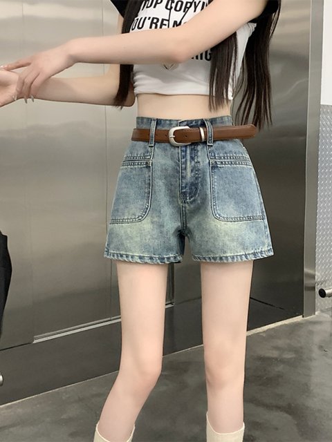 ໂສ້ງຂາສັ້ນ Retro wide-leg denim for women 2024 summer new slimming large size fat mm high waist a-line hot pants ins