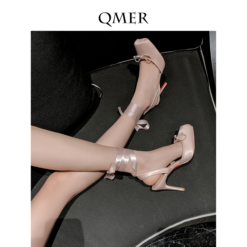 Qiumeier Stiletto Toe-Cap Sandals for Women with Bow Ribbon High Heels Ballet Shoes Fashionable Sweet Nude Pink Flats