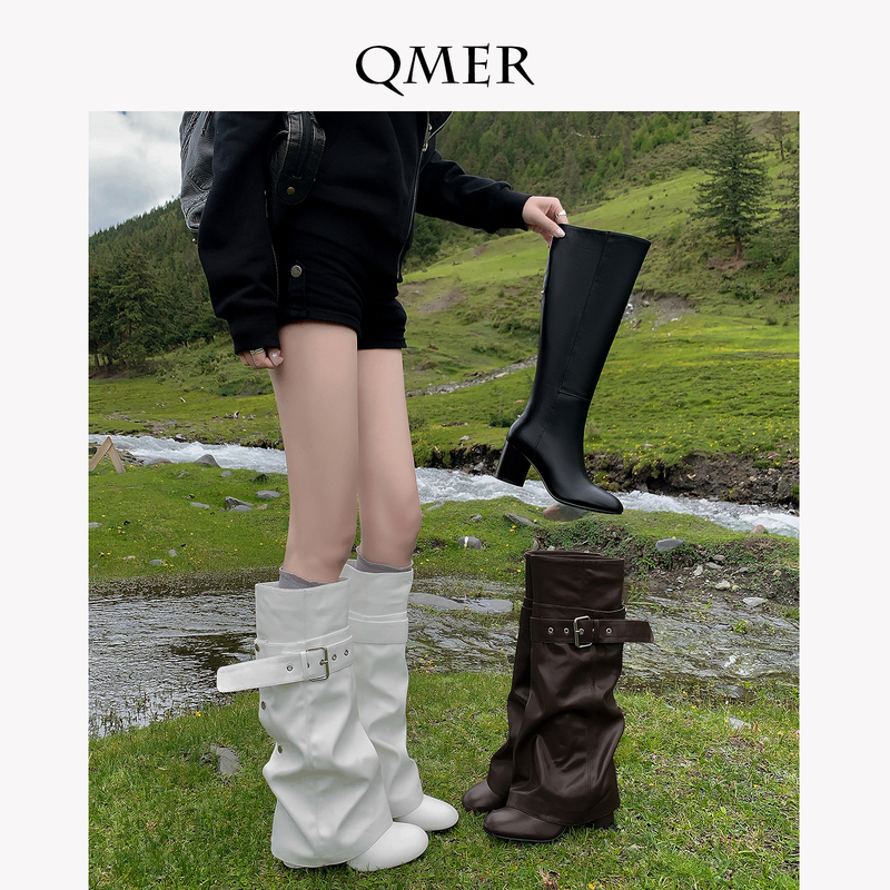 Qiumeier Two-Way Wear Chunky Heel Trouser Boots for Women, Slimming and Leg-Shaping High Tube Riding Boots, Versatile Long Boots with High Heels Qiumeier Two-Way Wear Chunky Heel Trouser Boots for Women, Slimming and Leg-Shaping High Tube Riding Boots, Versatile Long Boots with High Heels