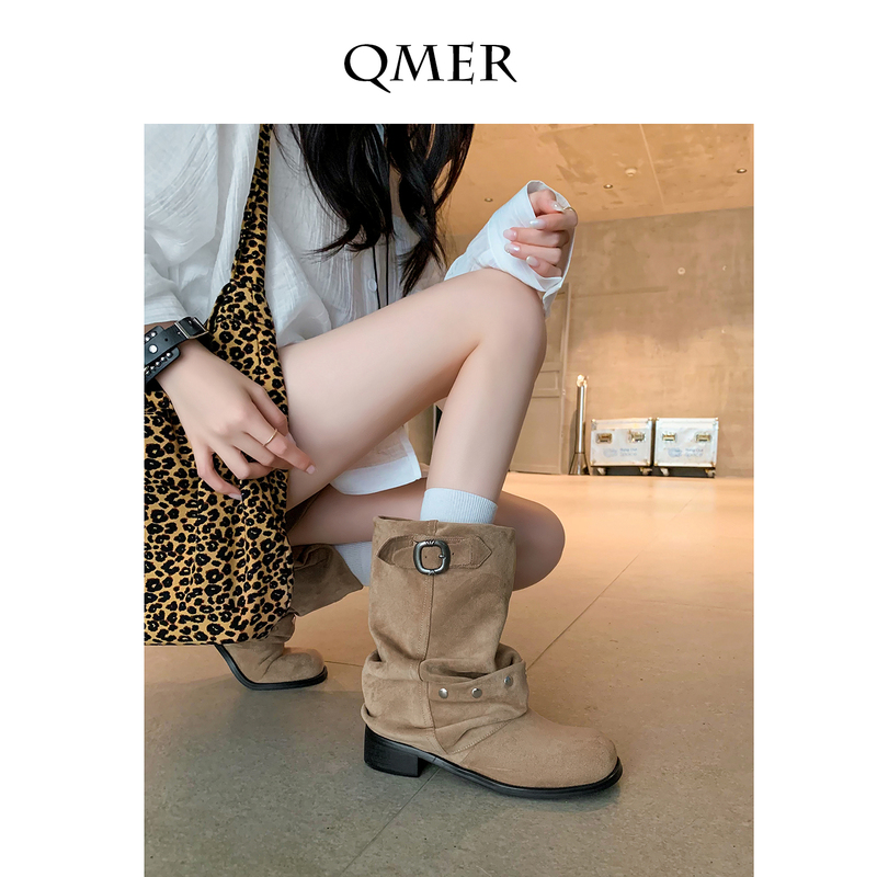 Autumn Beauty Sichuan-Western Travel Chunky Heel Studded Short Boots for Women Trendy Cool Flat Tube Boots Slimming Slouch Boots Western Boots Autumn Beauty Sichuan-Western Travel Chunky Heel Studded Short Boots for Women Trendy Cool Flat Tube Boots Slimming Slouch Boots Western Boots