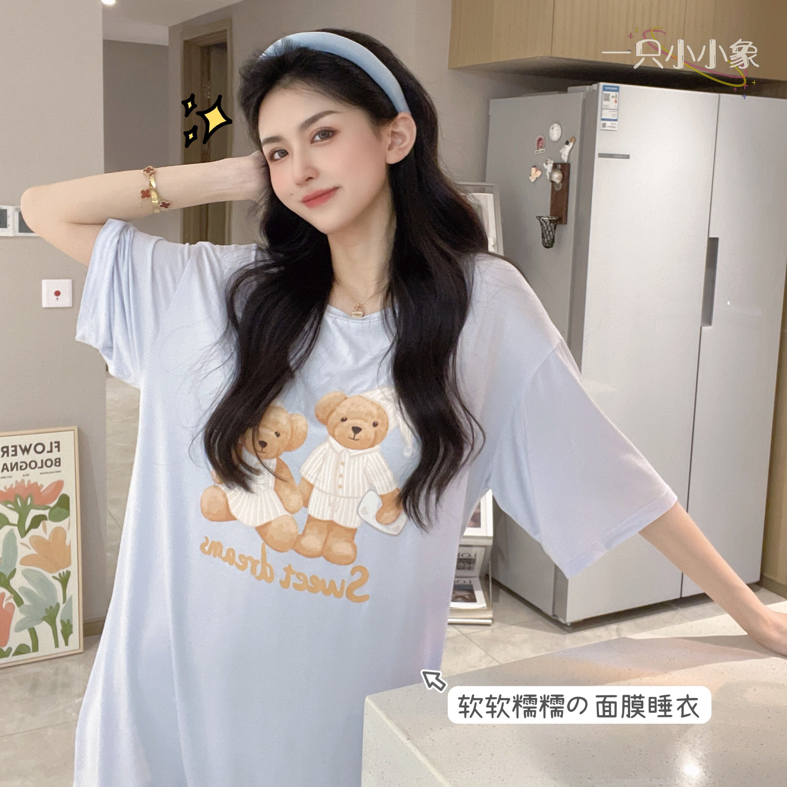 Soft and soft glutinous glutinous Modale short sleeve sleeping dress female summer medium long version of thin style pyjamas cute cartoon sweet and beautiful home clothes