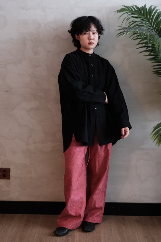Craftsman-Style Designer Salt-Shrunk Linen-Cotton Round-Neck Raw-Edge Black Silhouette Shirt Minimalist Oversize Shirt