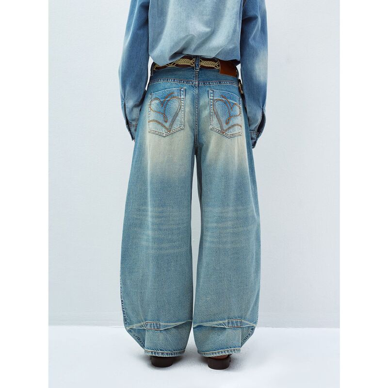 Hello September, Women's Loose-Fitting Banana Pants with Embroidered Back Pockets and Folded Hem Design, Denim Jeans V60046